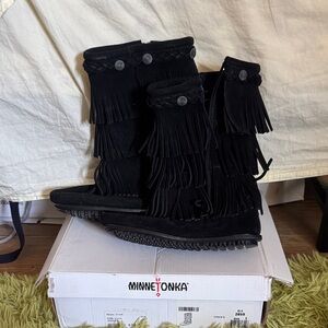 Minnetonka Black Layered Fringe Suede Boots with Conchos